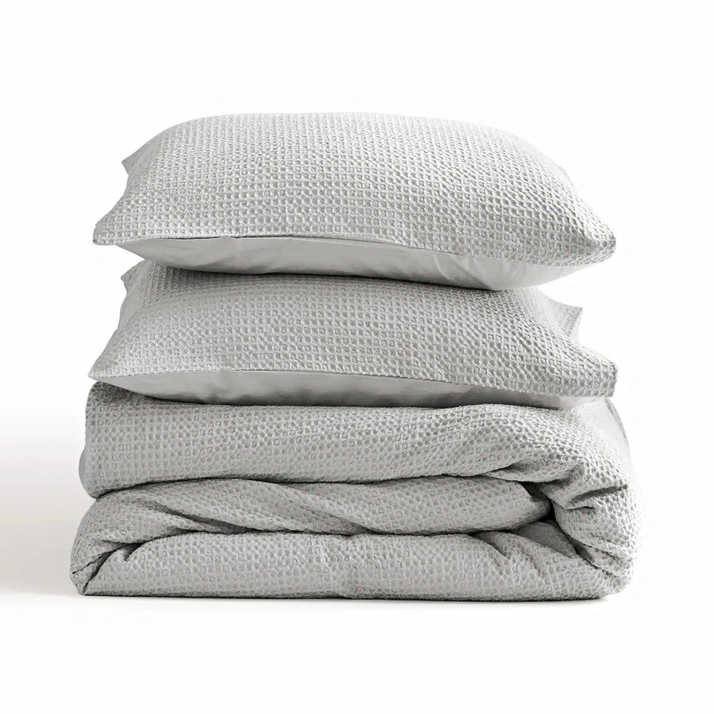 Quince NWT Organic Luxe Honeycomb Cotton Duvet Cover Set Full/Queen Light Grey